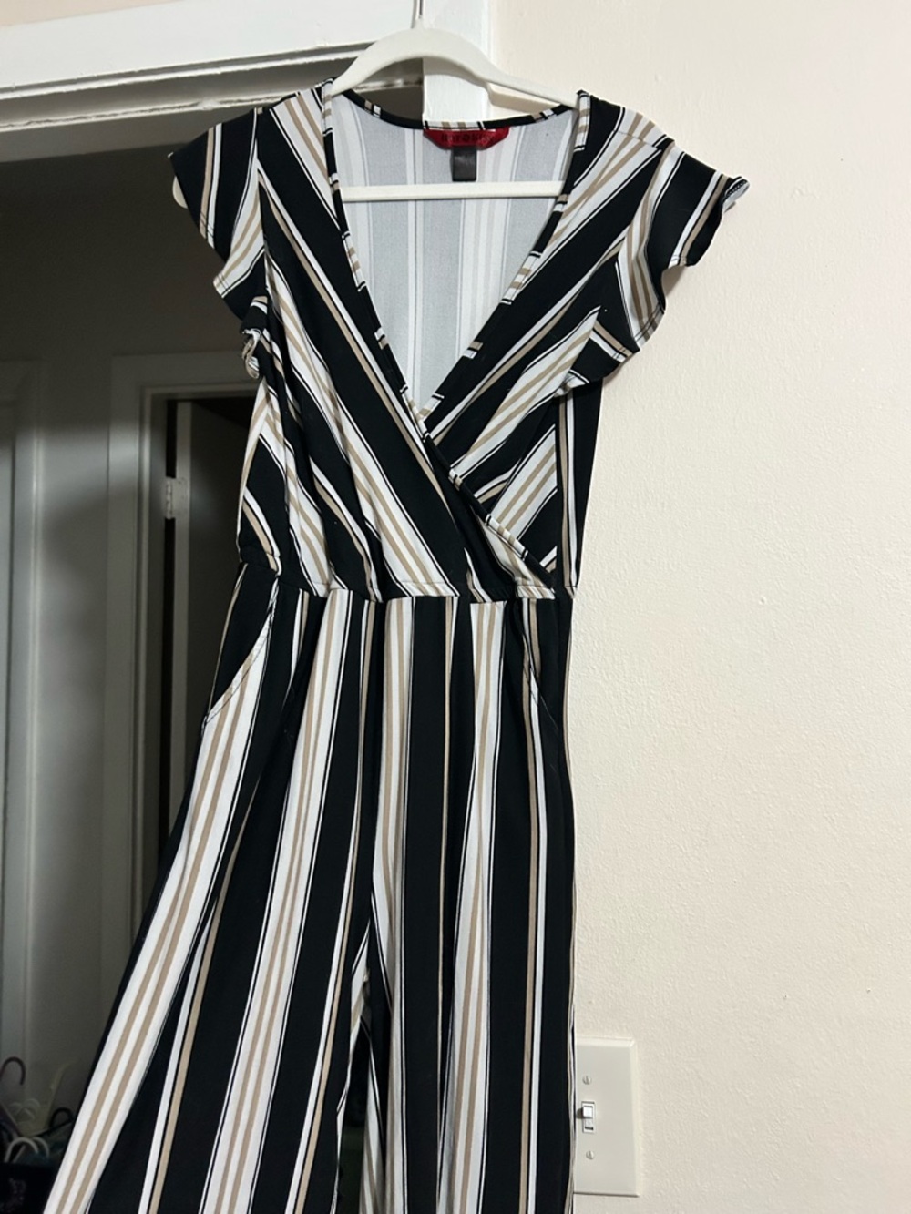 Hot Kiss Gray, White & Tan Vertical Stripe Jumpsuit